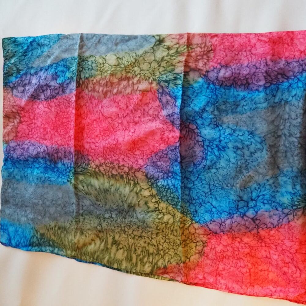 Vintage 100% Pure Silk Scarf Pink Blue Abstract Watercolor Hand Rolled